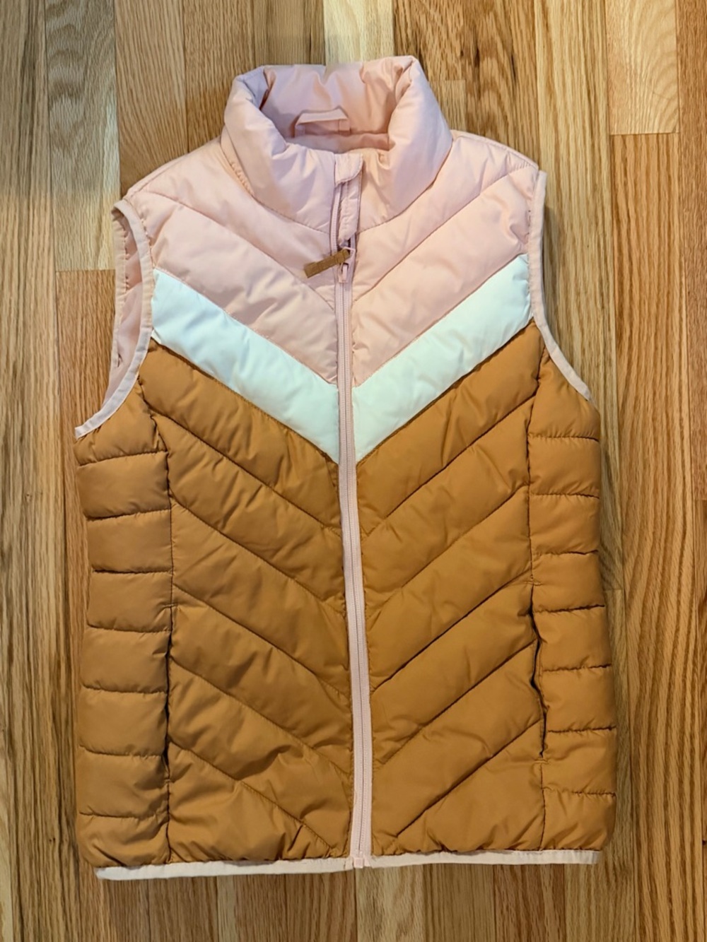 Colorblock Puffer Vest - Pink, White & Tan